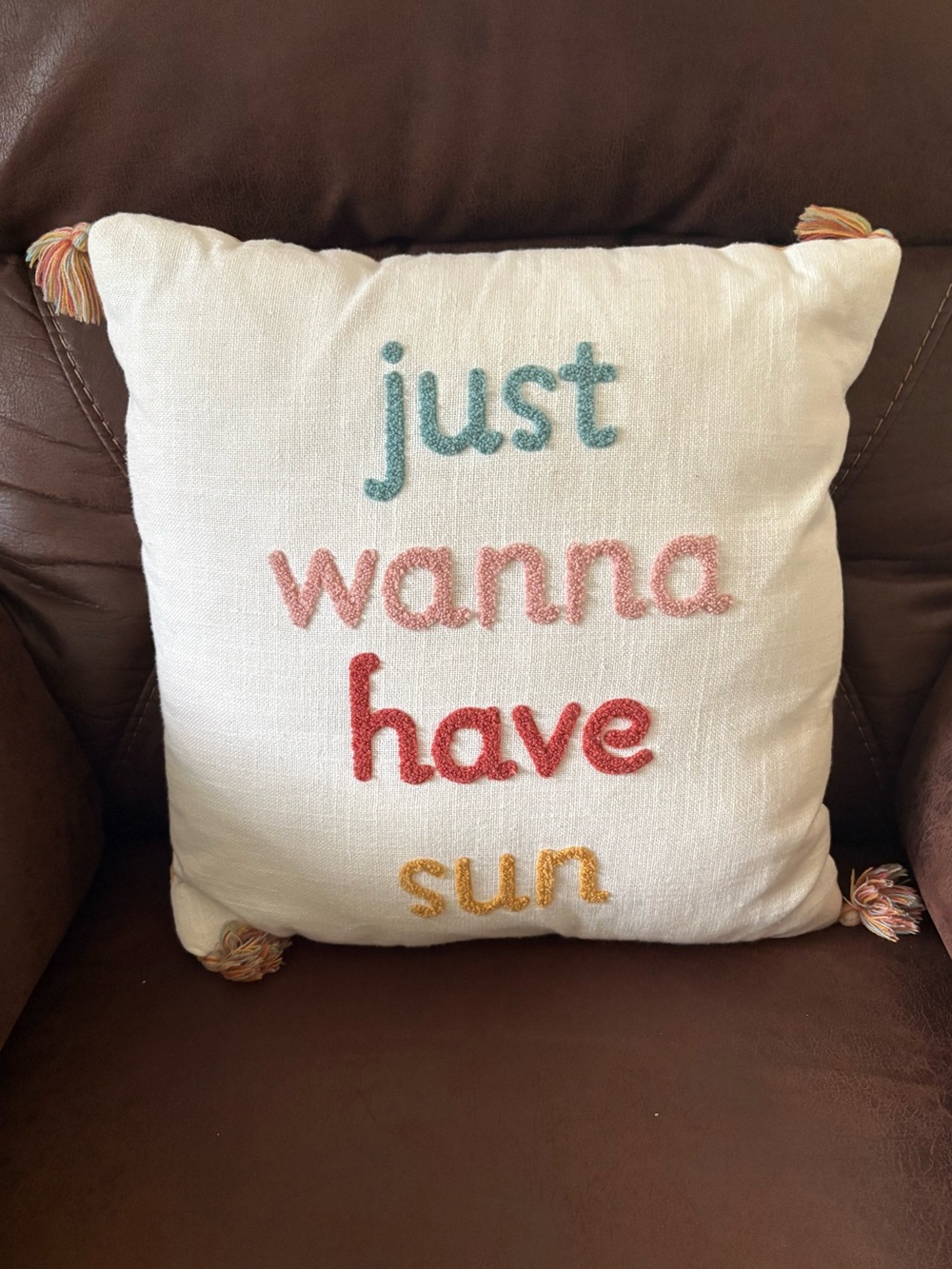 Embroidered 'just wanna have sun' Accent Pillow - Cream with Pastel Lettering